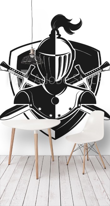 Picture of Knight helmet with two swords and shield isolated on white backg